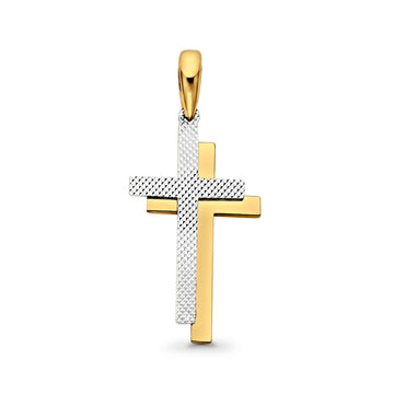 14K Real Two Tone Gold Double Cross Religious Charm Pendant 1.2g 23mmX15mm
